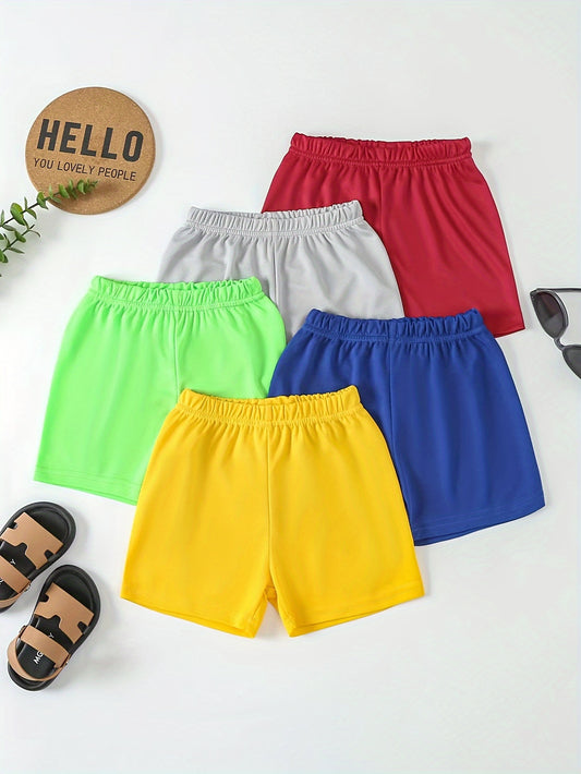 5pcs Boys Solid Color Sports Shorts, Casual Quick-drying Shorts For Summer Outdoor