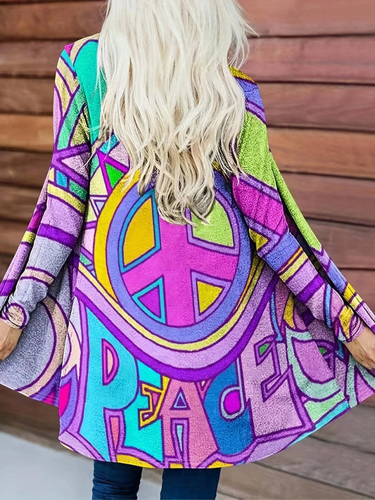 Peace Print Open Front Cardigan, Casual Long Sleeve Cardigan For Spring & Fall, Women's Clothing
