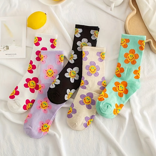5 Pairs Women's Cute Crew Socks Set, Plus Size Floral Pattern Ribbed Knit Breathable Mid-calf Socks