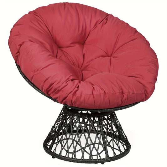 1pc Oversized Rattan Papasan Chair With 360-Degree Swivel, Ergonomic Design With Soft Burgundy Cushion, Outdoor & Indoor Use, 33.5in, 330 Lbs Load Capacity