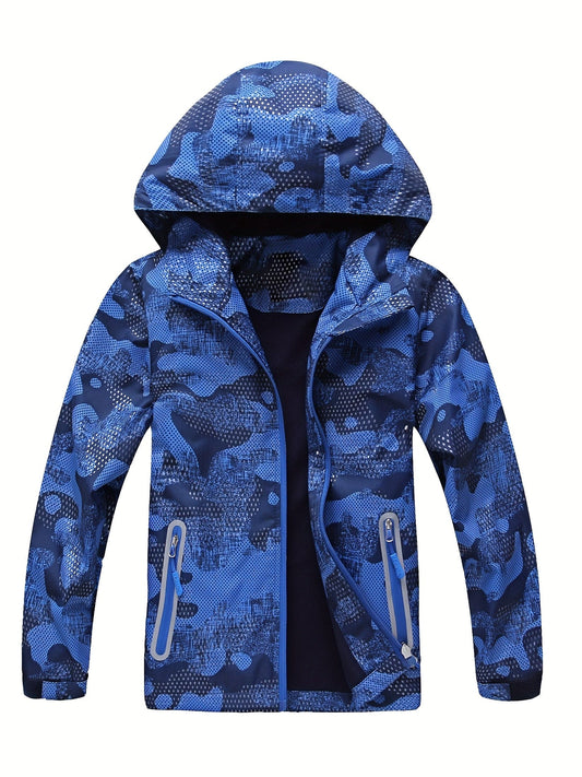 Boys Fashion Camouflage Windbreaker Fleece Lining Hooded Jacket, Long Sleeve Zip Up Waterproof Jacket, Kids Clothes Outdoor