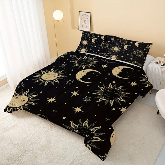 3pcs 100% Polyester Comforter Set (1*Comforter + 2*Pillowcase, Without Core), Sun Star And Moon Print Bohemian Decorative Bedding Set, Soft Comfortable And Skin-friendly Comforter For Bedroom, Guest Room