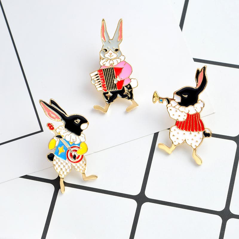 QIHE JEWELRY 3pcs Set Hard Enamel Pin Set Musician Rabbit Pin Vintage Rabbit Brooch Bunny Pins Rabbit Jewelry Cute Gifts