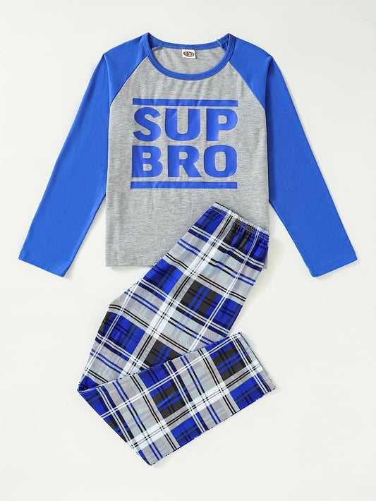 Boys 2-piece Trendy Pajama Sets Colorblock Fashion Letter Pattern Round Neck Long Sleeve Top & Matching Plaid Pants Comfy Casual PJ Sets