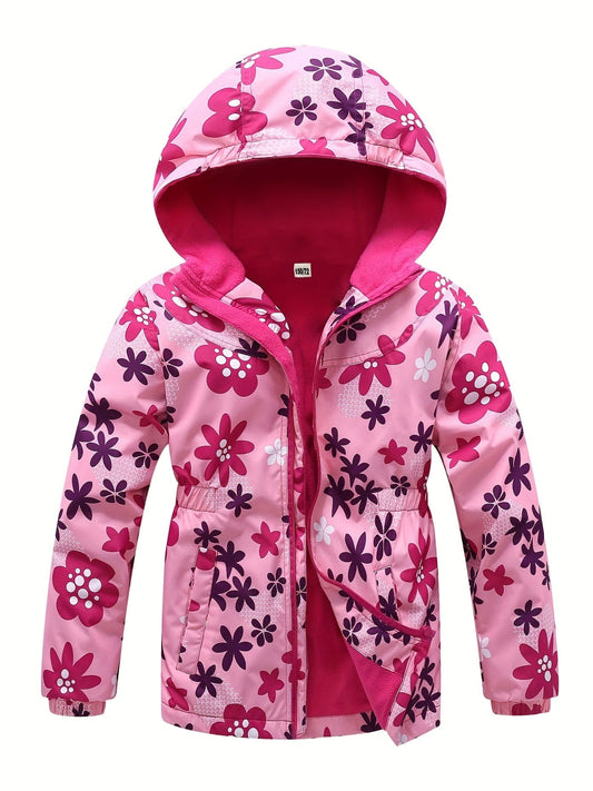 Girls' Zip Up Tunic Waist Fleece Thermal Hooded Jacket Windbreaker With Cartoon Flowers Print For Outdoor