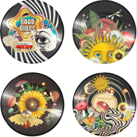 Putuo Decor Set of 4 Hippie Indie Record Wall Decor, Aesthetic Weirdcore Room Decor, Sunflower Mushroom Sun Moon Psychedelic Wall Art