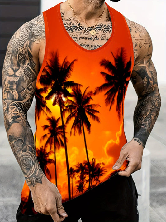 Sunset Coconut Tree Print Casual Slightly Stretch Round Neck Tank Top, Men's Tank Top For Summer Outdoor Gym Workout Bodybuilding Fitness