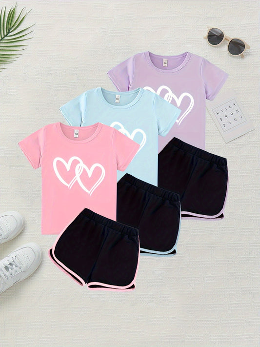 Multiple Summer Sets, Fashionable Heart Print T-Shirt & Dolphin Shorts For Girls
