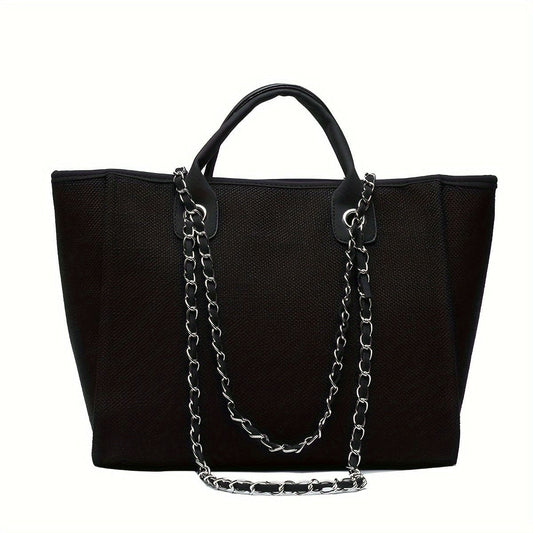 Large Canvas Tote Bag For Women, Spacious Shoulder Bag With PU Handles And Chain Detail, Shopping Purse