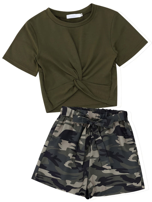 Girls Trendy 2pcs Twist Knot T-shirt + Camouflage Shorts Summer Streetwear Set