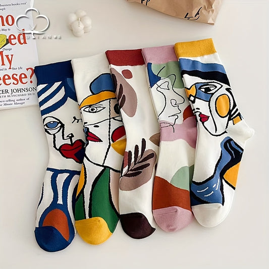 5 Pairs Abstract Painting Print Socks, Trendy & Comfy Unisex Mid Tube Socks, Women's Stockings & Hosiery