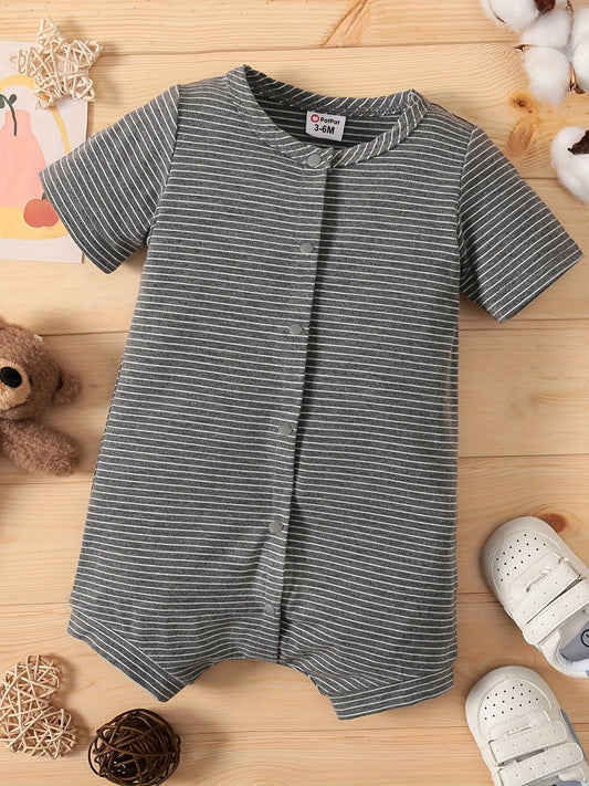 PatPat Naia™ Baby Boy/Girl Grey Striped Or Allover Bear Print Short-sleeve Romper