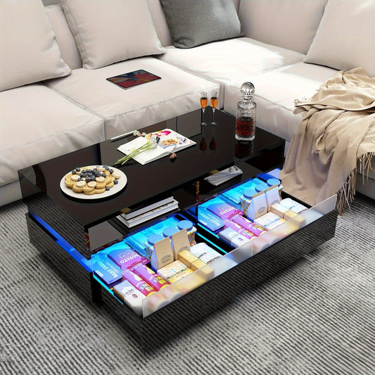 Modern LED Coffee Table w/ 2 Big Storage Drawers,High Glossy 2-Tier Coffee Table, App Control, Rectangle Center Table w/Open Shelf for Living Room Bedroom