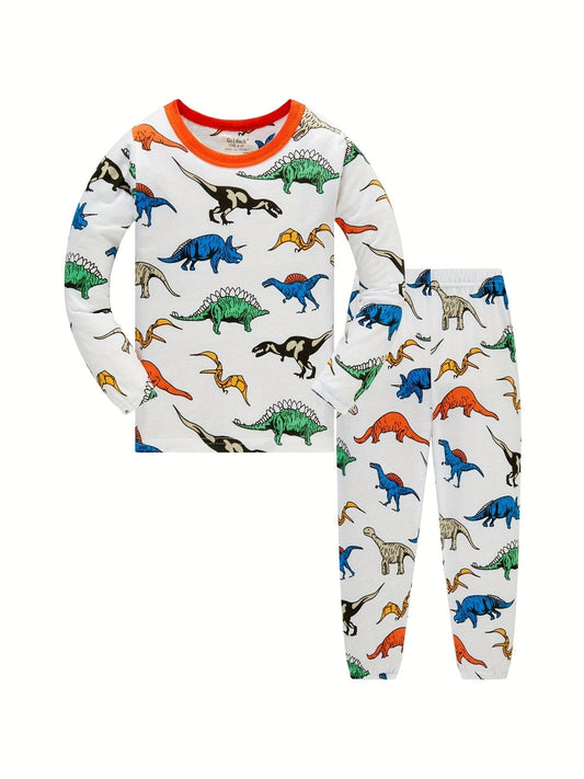GOLDUCK Toddler Boys 2pcs Pajamas Cotton Long Sleeve Round Neck Pullover Top & Pants Cartoon Dinosaur Print Comfortable Casual Home Wear Set Kids Clothes