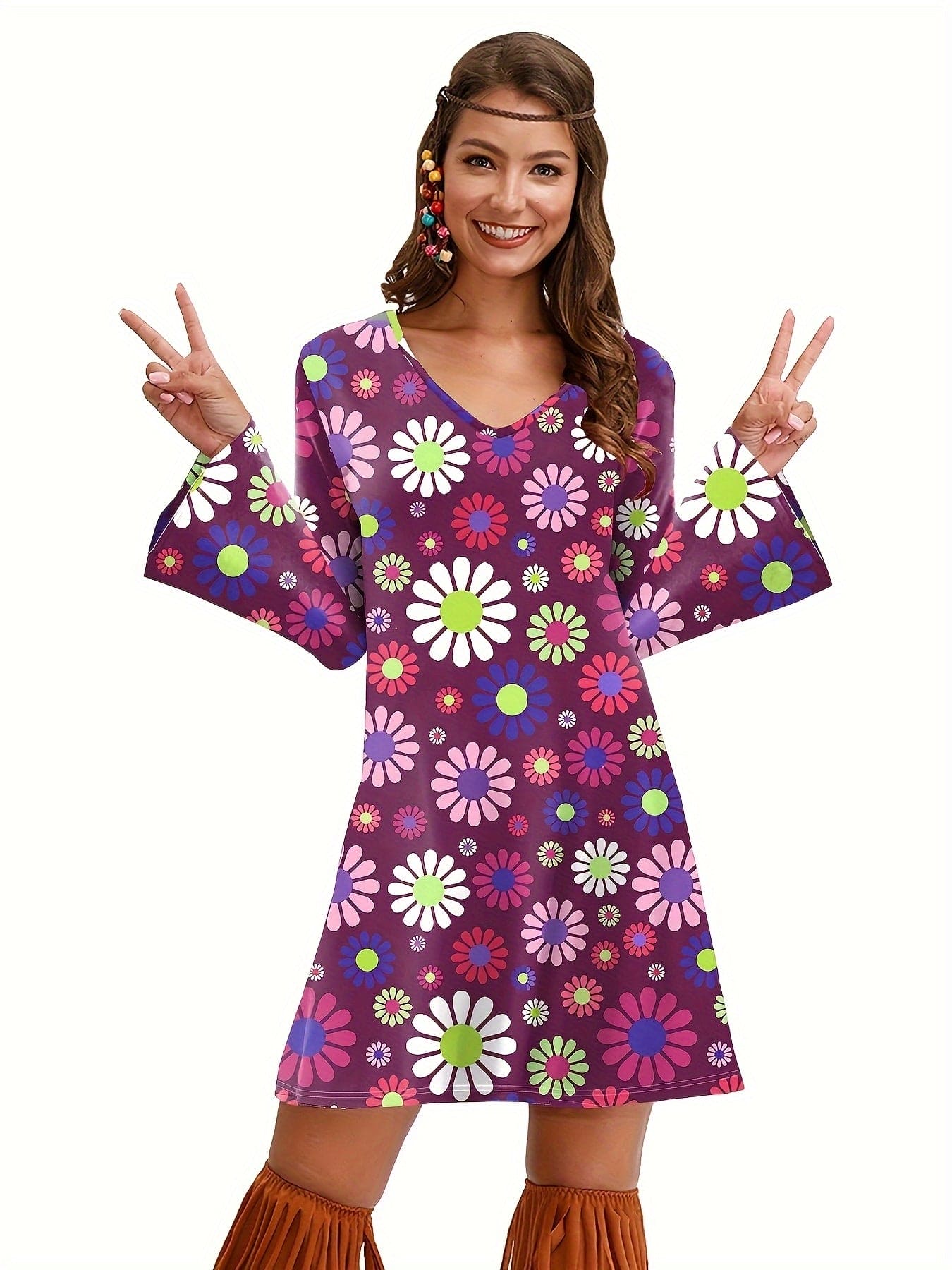 Hippie Floral Print Dress, Vintage V Neck Flared Sleeve Carnival Costume, Women's Clothing