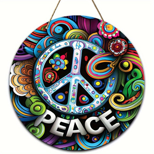 1pc, Hanging Wooden Sign, Psychedelic Peace Sign Wooden Wall Hanging Vibrant Boho Decor For Home And Office (7.87*7.87inch)