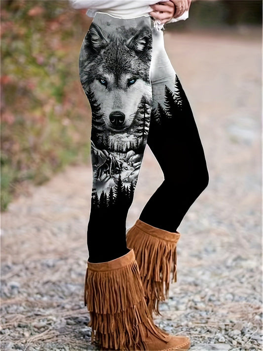 All-Season Comfort-Fit Women's Wolf & Forest Print Skinny Leggings - Elastic, Stretchy and Durable