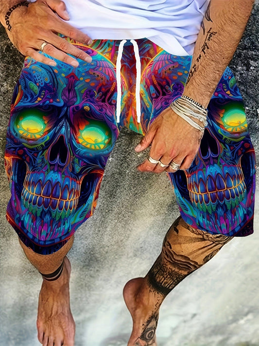 Novelty Skull Heads Digital Print Men's Summer Drawstring Shorts For Outdoor Street, Men's Beach Shorts