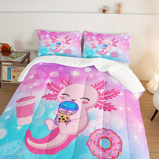 3pcs Fashion Comforter Set (1 * Comforter + 2 * Pillowcase, No Core), Cute Salamander Dessert Milk Tea Print Bedding Set, Soft And Comfortable Skin-friendly For Bedroom, Guest Room