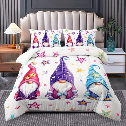 3pcs Fashion 100% Polyester Comforter Set (1*Comforter + 2*Pillowcase, Without Core), White Background Star Gnomes Printed Bedding Set For Boys And Girls, Soft Comfortable And Skin-friendly Comforter For Bedroom, Guest Room