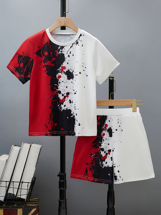 2pcs Boys Casual Color Block Splash Ink Short Sleeve T-shirt & Shorts Set, Comfy Summer Kids Clothes