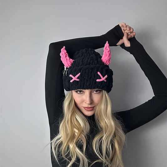 Warm, Lightweight & Cute Anime Devil Horns Beanie: Customizable, Elastic Knit Hat for Stylish Winter Warmth