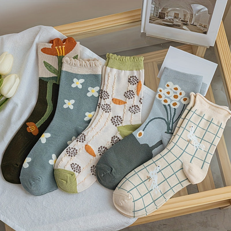 5 Pairs Floral & Plaid Print Socks, Comfy & Breathable Mid Tube Socks, Women's Stockings & Hosiery
