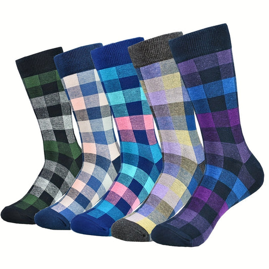 5pairs/set Men's Breathable Colorblock Plaid Crew Socks Sports Socks For All Seasons
