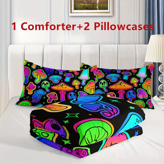 3pcs Colorful Mushroom Comforter Set, Soft Black Gradient Mushroom Bedding Set, Cute Neon Mushroom Bed Set With 1 Comforter 2 Pillowcases (Without Pillows) For Girls Boys Teens Adults Room Decor For All Season, Soft And Comfortable
