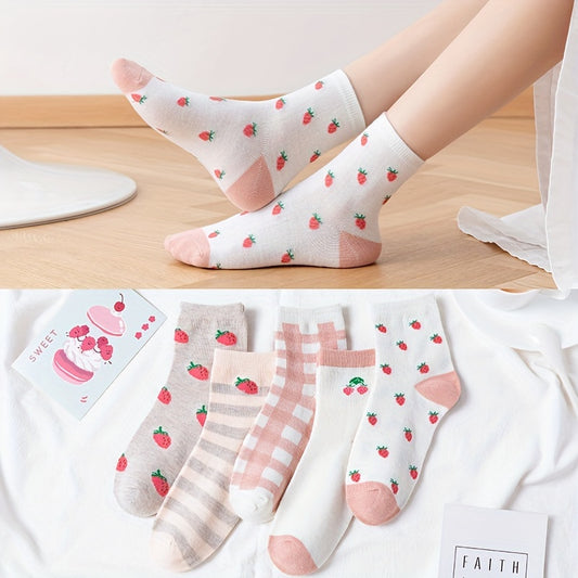 5 Pairs Cute Strawberry Pattern Socks, Comfy & Breathable Mid Tube Socks, Women's Stockings & Hosiery