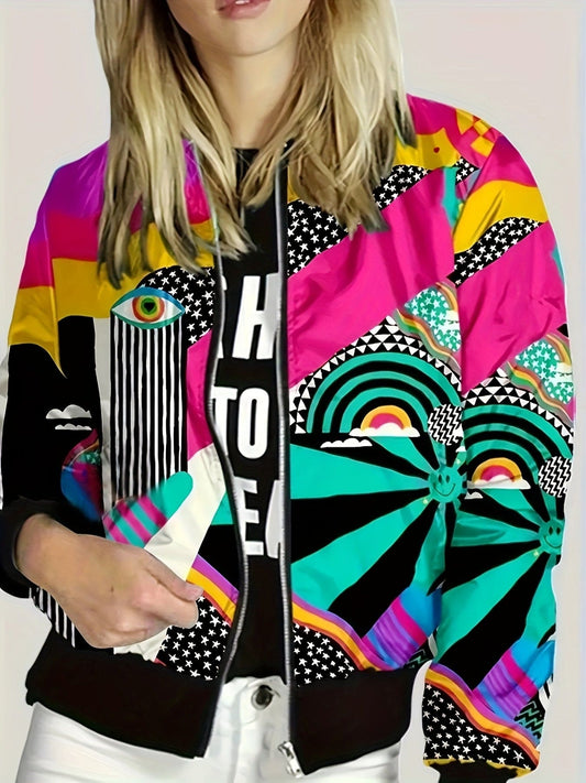 Colorful Graphic Print Zipper Jacket, Versatile Long Sleeve Bomber Jacket, Women's Clothing