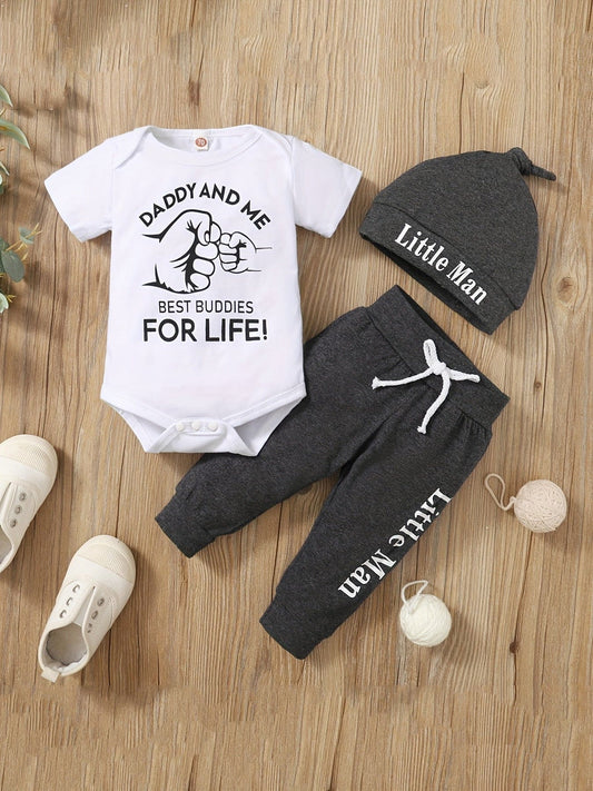 2pcs Baby Boy's "Daddy And Son" Print Outfit, Short Sleeve Bodysuit & Hat & Pants Set, Baby's Clothing, As Gift