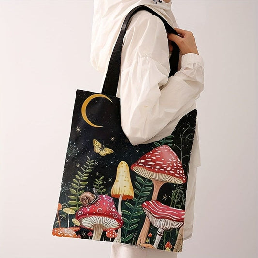 Creative Mushroom Pattern Double-sided Print Casual Tote Bag, Reusable Trendy Messenger Bag, Versatile Handbag, Computer Bag