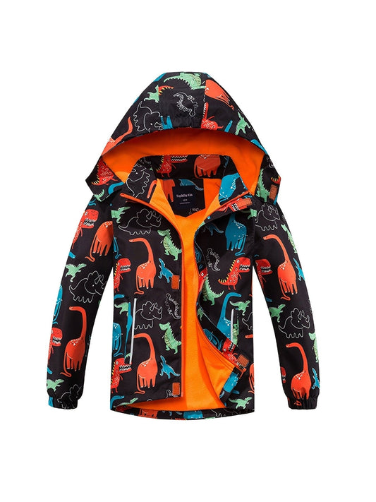 Boys Dinosaur Jacket Raincoat Windbreaker With Removable Hood Fleece Lining Kids Clothes