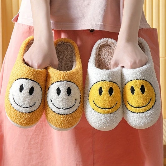 Girls Cute Cartoon Smiling Face Slip On Warm Plush Cozy Slides, Children's Thermal Fuzzy Anti-skid House Slippers For Indoor Outdoor
