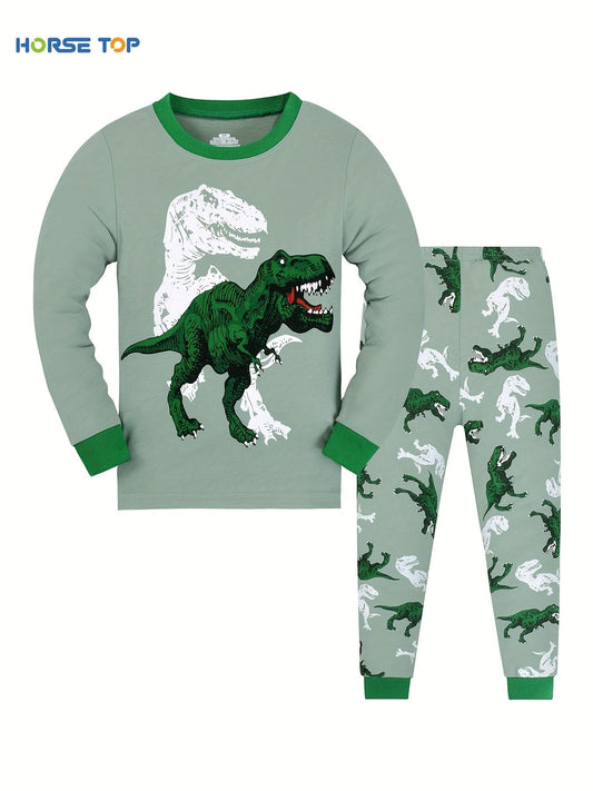 2pcs Kid's Pajamas, T-rex Dinosaur Pattern Long Sleeve Top & Pants Set, Comfy Casual PJ Set, Boy's Loungewear