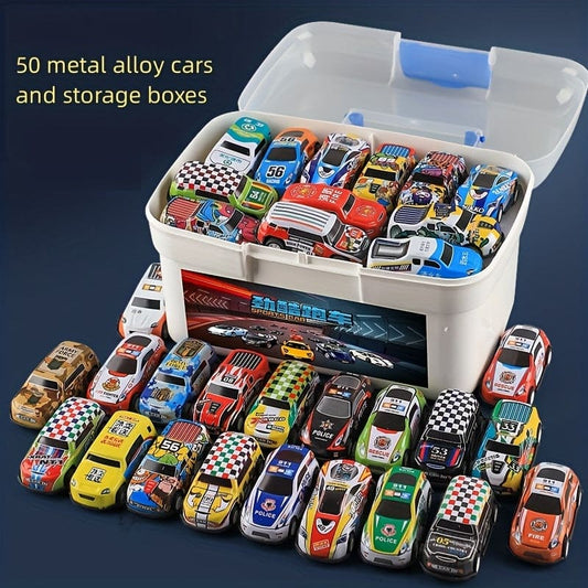 50pcs With Storage Box Mini Alloy Car Tin Car Back Force Car Sliding Car Children's Toys, Halloween And Christmas Gift For Boys And Girls