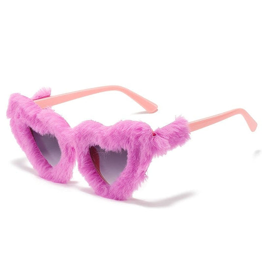 Heart Plush Fuzzy Fur Sunglasses For Women Novelty Frame Punk Velvet Cat Eye Party Sun Glasses For Ladies