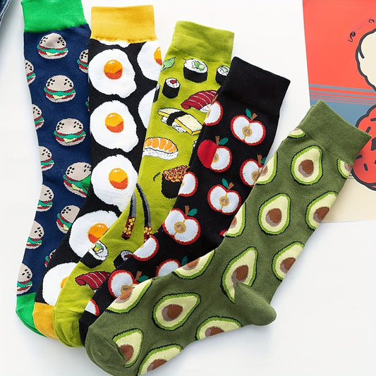 5 Pairs Egg & Hamburger Print Socks, Casual & Cute Comfy Mid Tube Socks, Women's Stockings & Hosiery