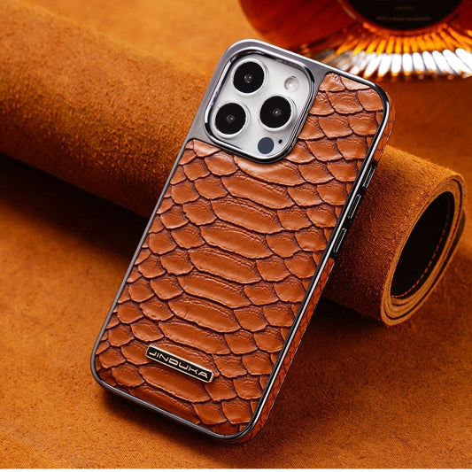 Electroplated Snake Skin Pattern Faux Leather Shockproof Phone Case For iPhone 12/13/14/15 Series