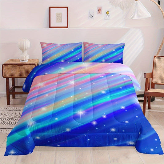 Blue Rainbow Gradient Star Comforter Set Twin Size,Colorful Bedding Set for Boys Girls Teens,with 1 comforter and 2 pillowcases