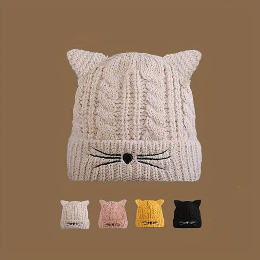 Ribbed Knitted Cat Ears Beanies Solid Color Cute Embroidery Thick Knit Hat Elastic Coldproof Ski Hats For Women Winter Outdoor
