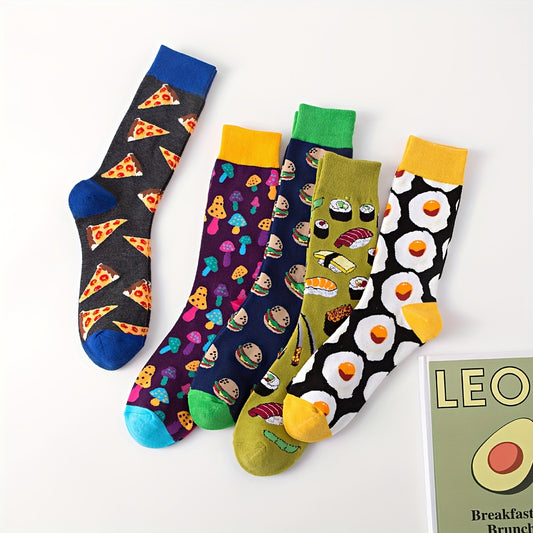 5 Pairs Of Men's Trendy Cartoon Food Pattern Crew Socks, Cotton Breathable Comfy Casual Unisex Socks For Men's Outdoor Wearing, All Seasons Wearing