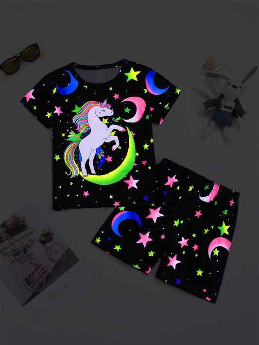 Girls 2-piece Pajama Set Cartoon Unicorn & Star Print Crew Neck Short Sleeve T-shirt + Matching Shorts Comfy Loungewear