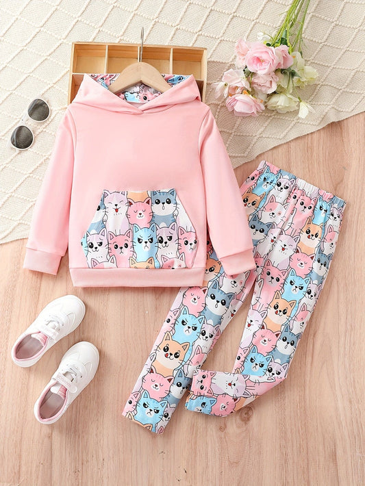 Girls Cute 2pc Set, Kitten Graphic Set Hoodies With Pocket + Pants Kids Clothes For Spring Fall