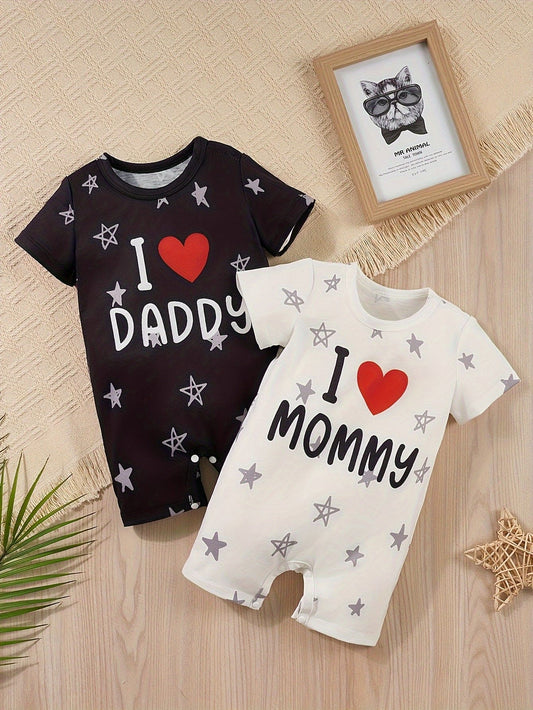 2pcs Infant's "I Love Daddy" & "I Love Mommy" Print Bodysuit, Casual Short Sleeve Romper, Baby Boy's Clothing