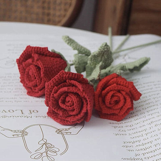 Hand Crocheted Red Rose White Bouquet