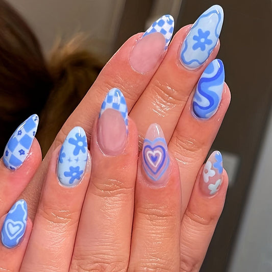 Easter 24pcs Blue Press On Nails Short Almond Fake Nails, Glossy Full Cover Stick On Nails False Nails With Heart, Flower And Wave Design, Acrylic Nails For Women