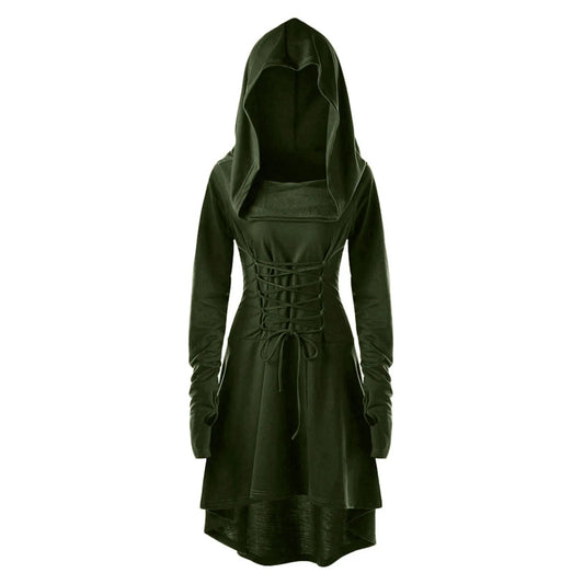 Vintage Women Cosplay Costume Medieval Lace Up Hooded Pullover For Women Victorian Casual High Low Bandage Long Dress Cloak