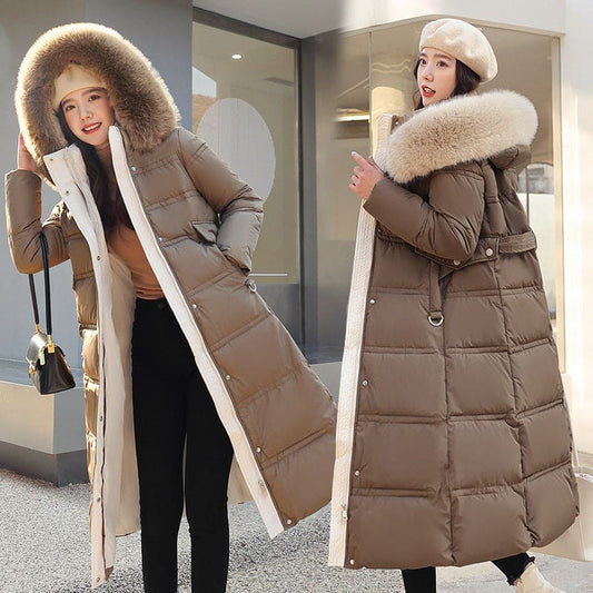2022 Winter New Down Cotton-padded Coat Women's Long Over-the-knee Large Wool Collar Cotton-padded Coat Thickened Loose Large Size Cotton-padded Coat Jacket